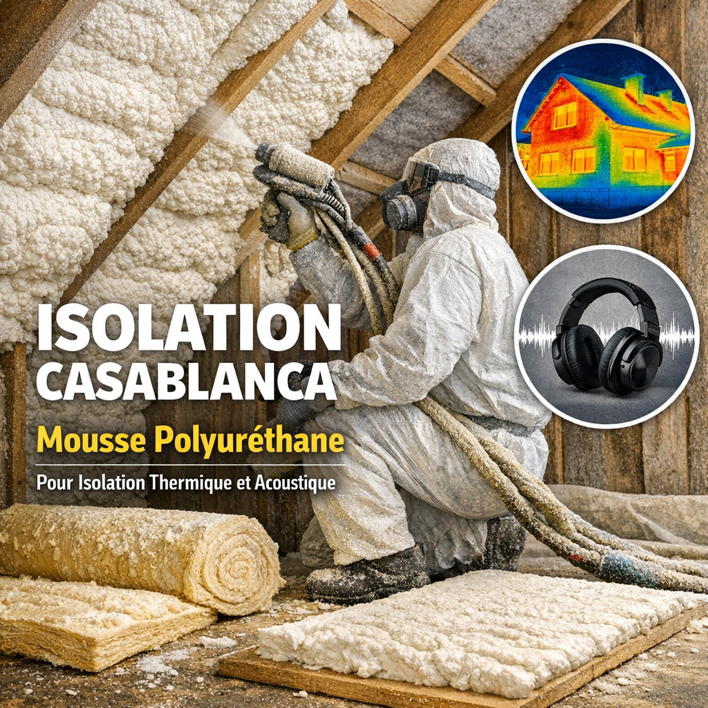 Professional applying polyurethane foam insulation on a wall for thermal and acoustic isolation in Casablanca.