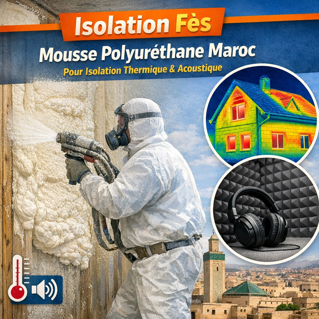 Worker spraying polyurethane foam insulation on a ceiling in a residential building in Fès, Morocco.