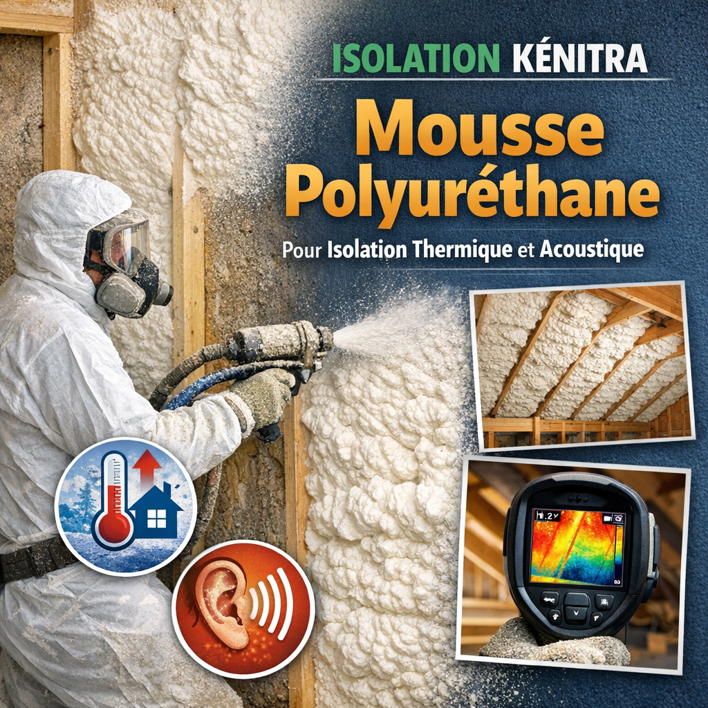 Spray polyurethane foam being applied as thermal and acoustic insulation in a building in Kénitra.