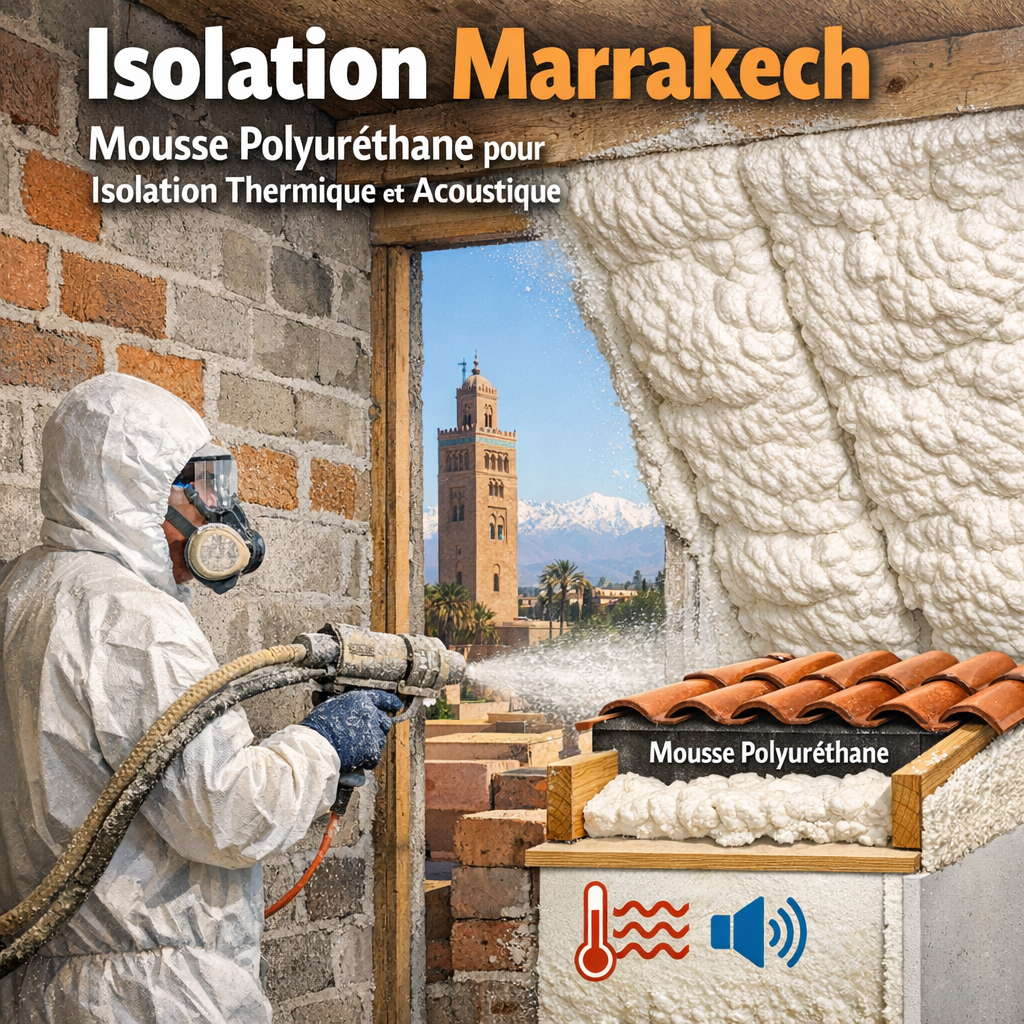 Worker spraying white polyurethane foam insulation on a ceiling for thermal and acoustic isolation in Marrakech.