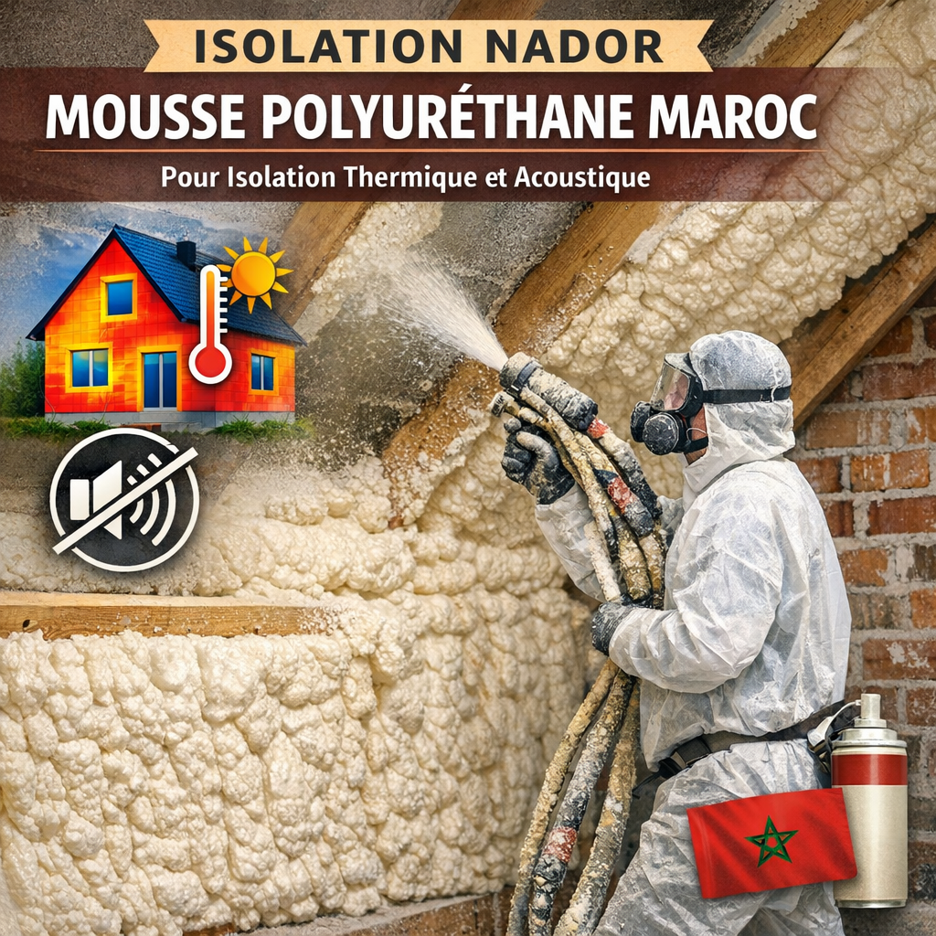 Worker applying polyurethane foam insulation on a wall in Nador, Morocco for thermal and acoustic protection.