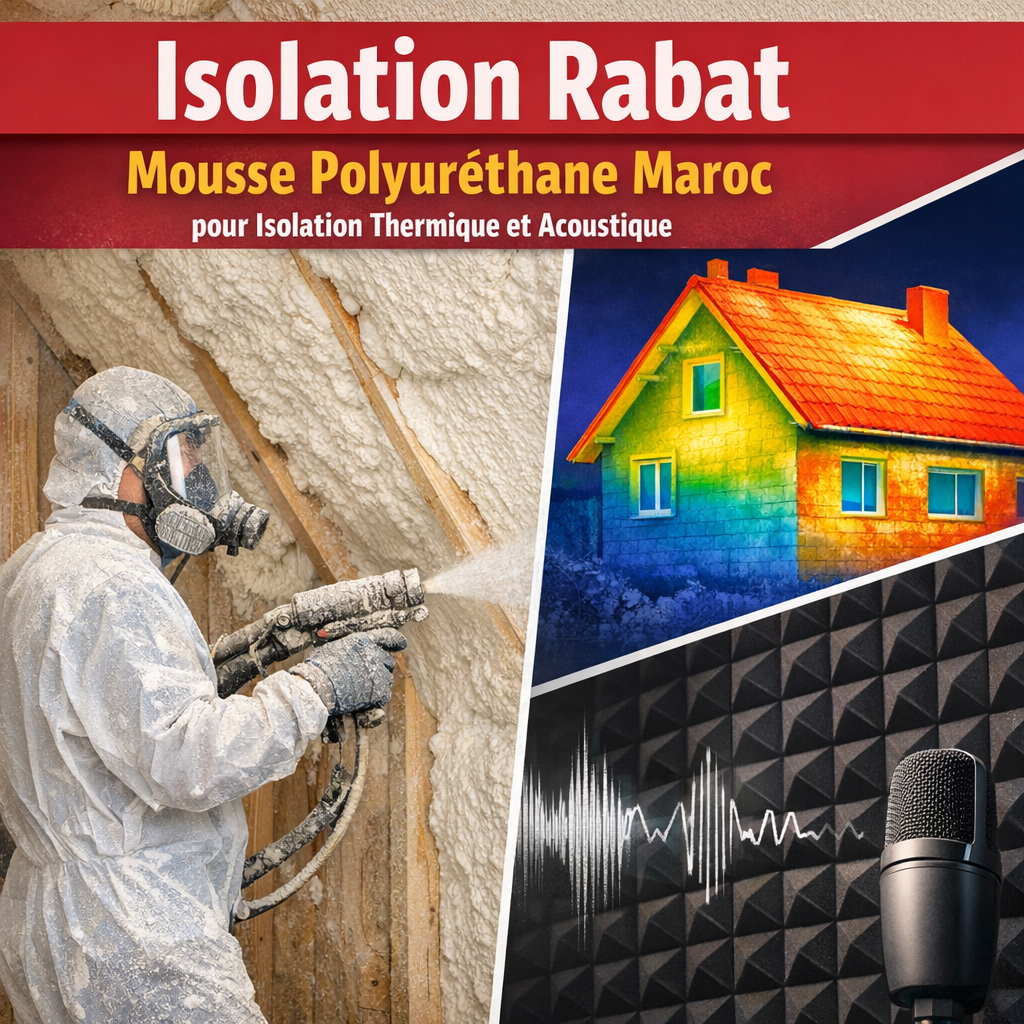 Worker spraying polyurethane foam insulation on a wall for thermal and acoustic protection in Rabat.