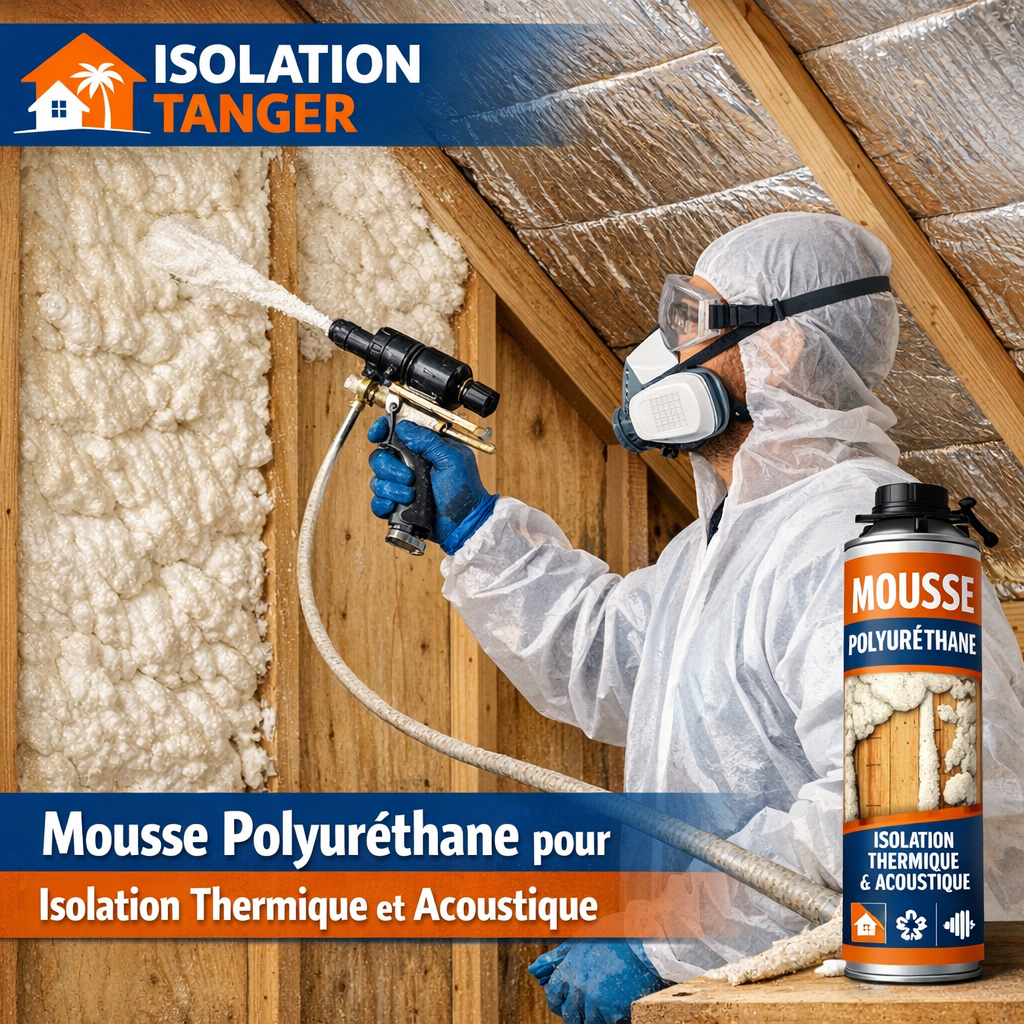 Application de mousse polyuréthane dans les combles pour isolation thermique et acoustique à Tanger.